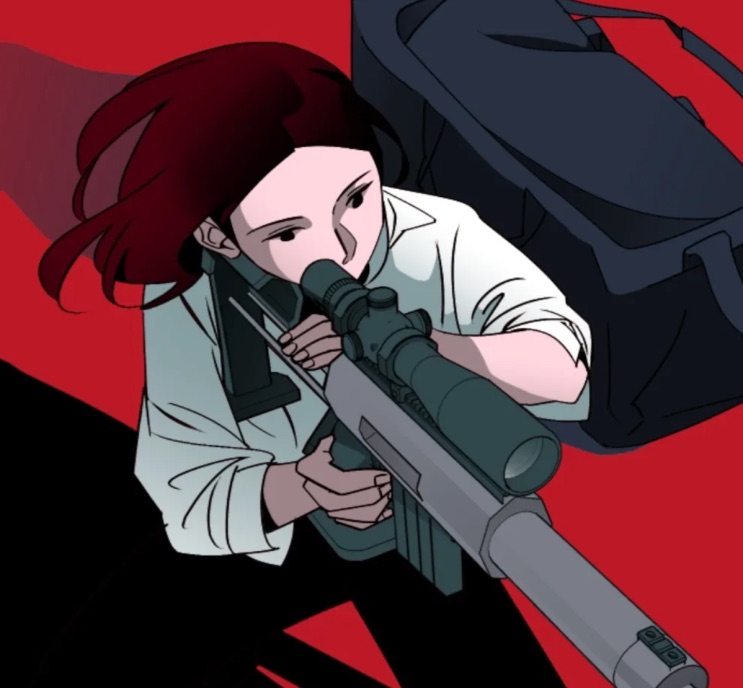 Quadro do webtoon com uma mulher de cabelo vermelho apontando um rifle de precisão