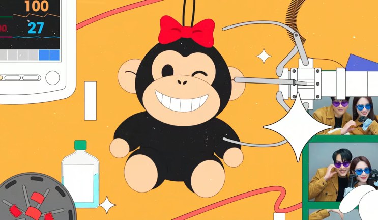 Ilustração com um macaco de pelúcia preto, monitor cardíaco e fotos ao lado