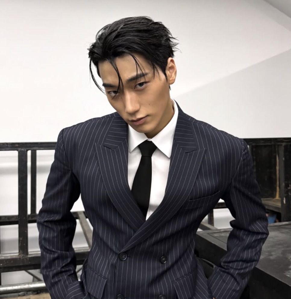 Choi San de terno risca de giz, em close, com o cabelo penteado para trás
