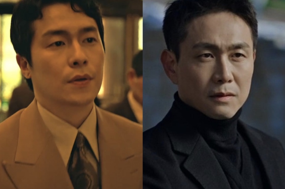 Lee Jae-won de terno claro, à esquerda, e Oh Jung-se de casaco preto, à direita, em cenas de Revenant